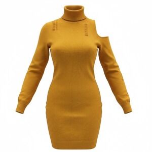 Mustard Yellow Distressed Cold Shoulder Turtleneck Sweater Dress 3X -tiny hole